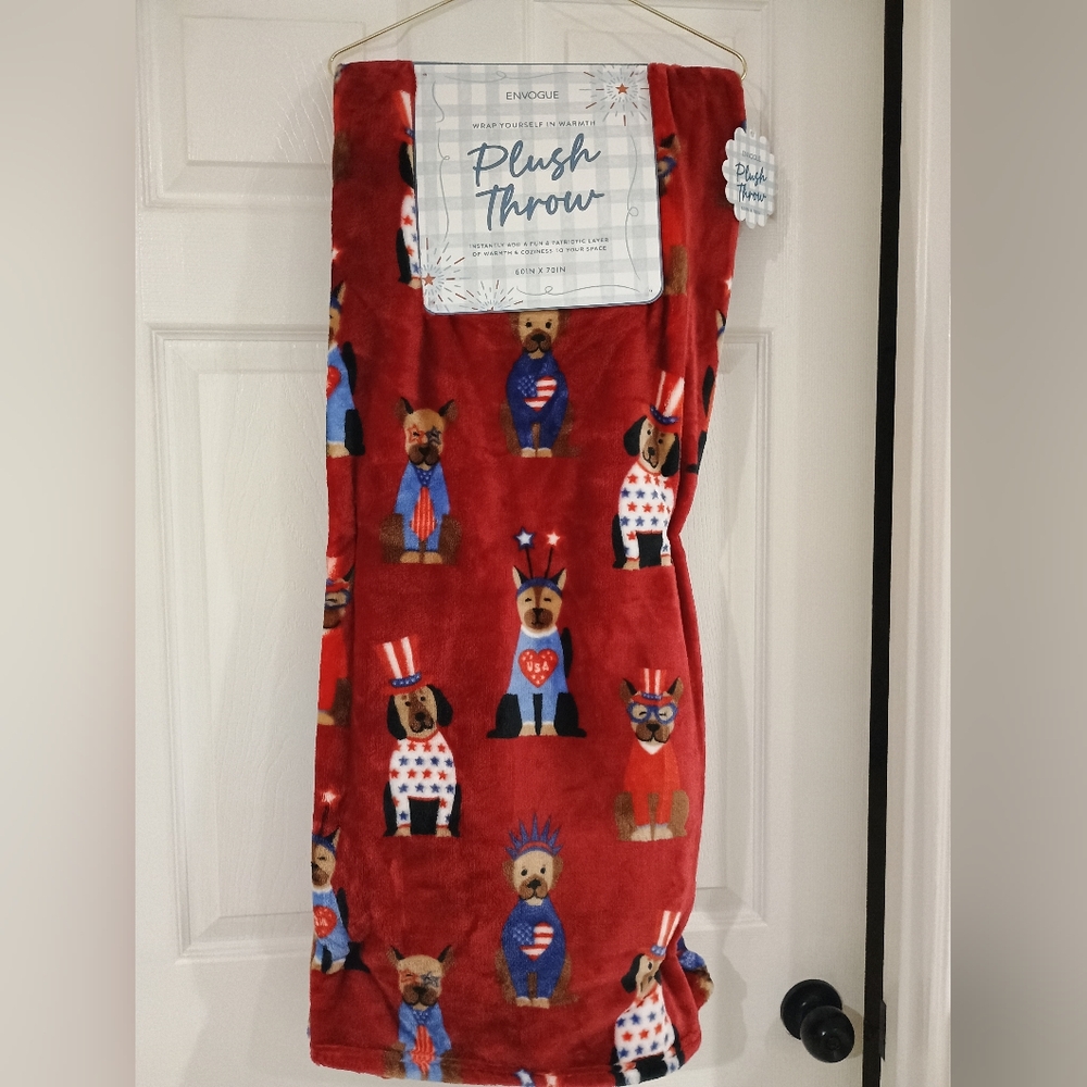 Patriotic Dog Throw Plush Blanket 4th July Dogs 60×70 NEW